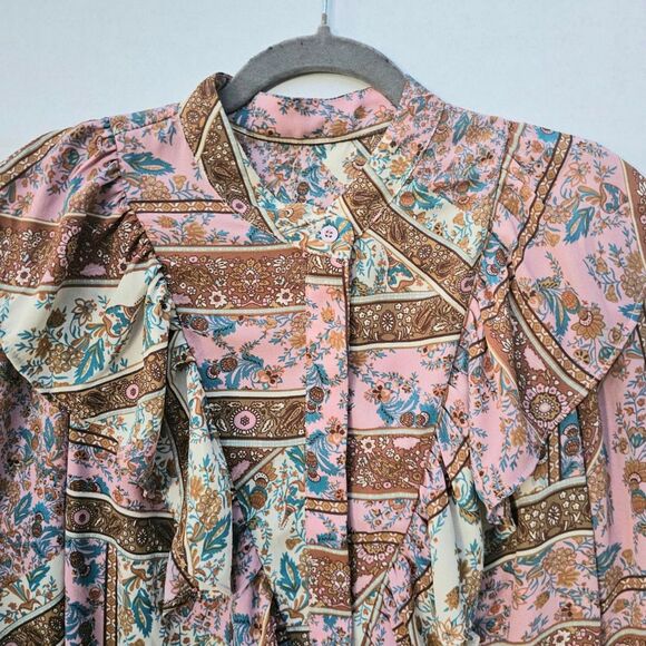 Women’s Medium Boho Blouse | Artsy Floral & Geometric Print Top Vintage-Inspired - Picture 3 of 4